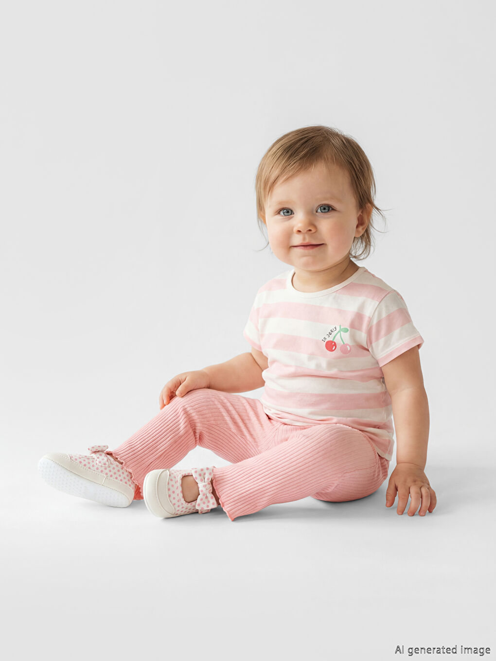 Ekru Çizgili Baskılı Kız Bebek Takım-1