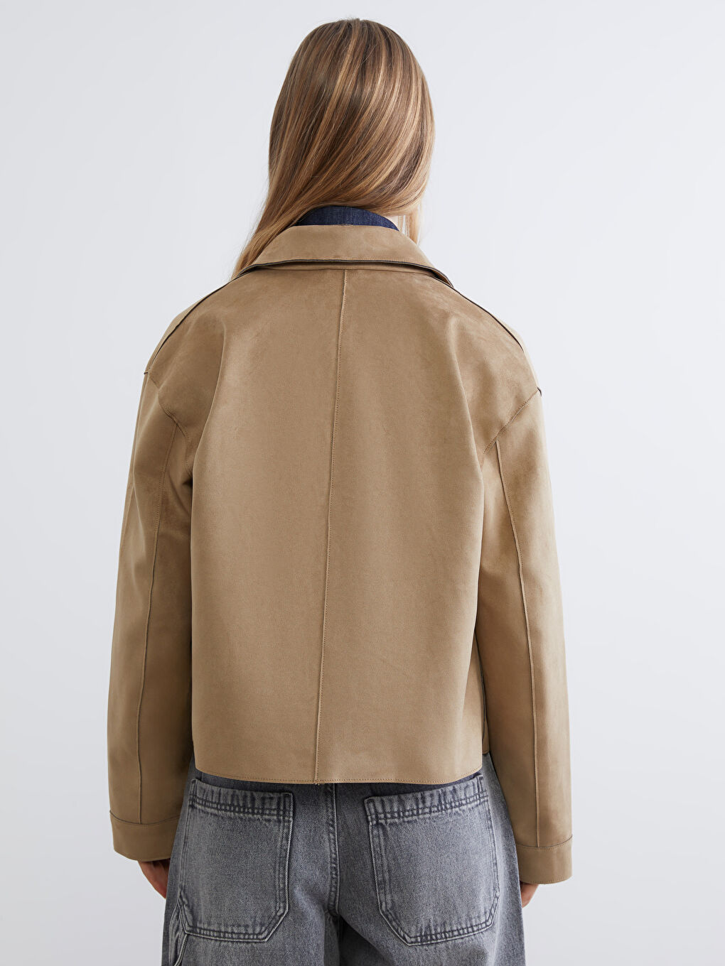 Bej Gömlek Yaka Kadın Süet Görünümlü Ceket-4