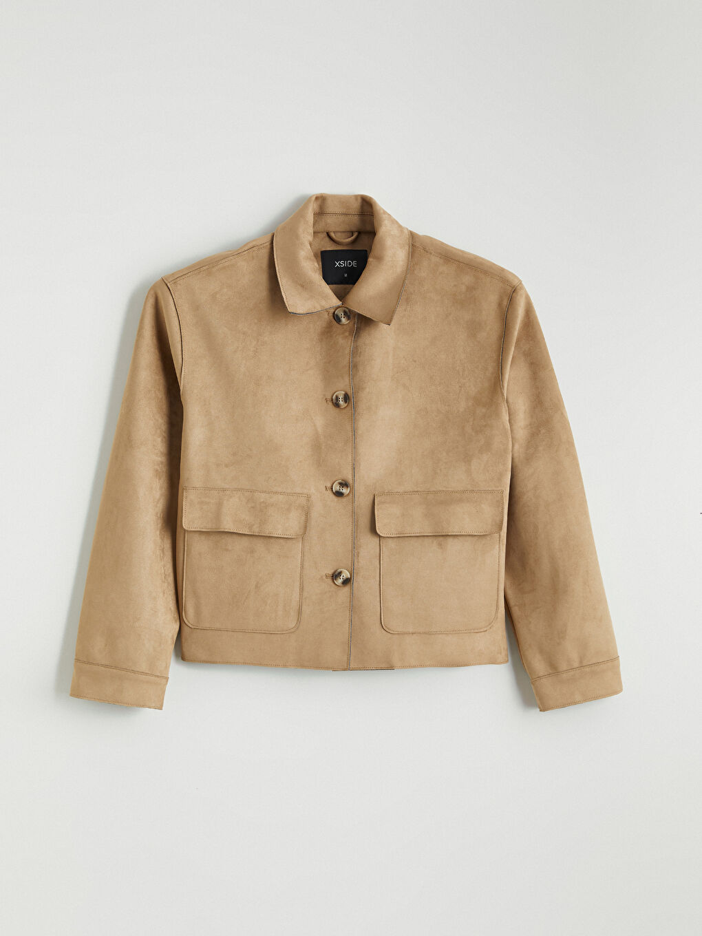 Bej Gömlek Yaka Kadın Süet Görünümlü Ceket-5