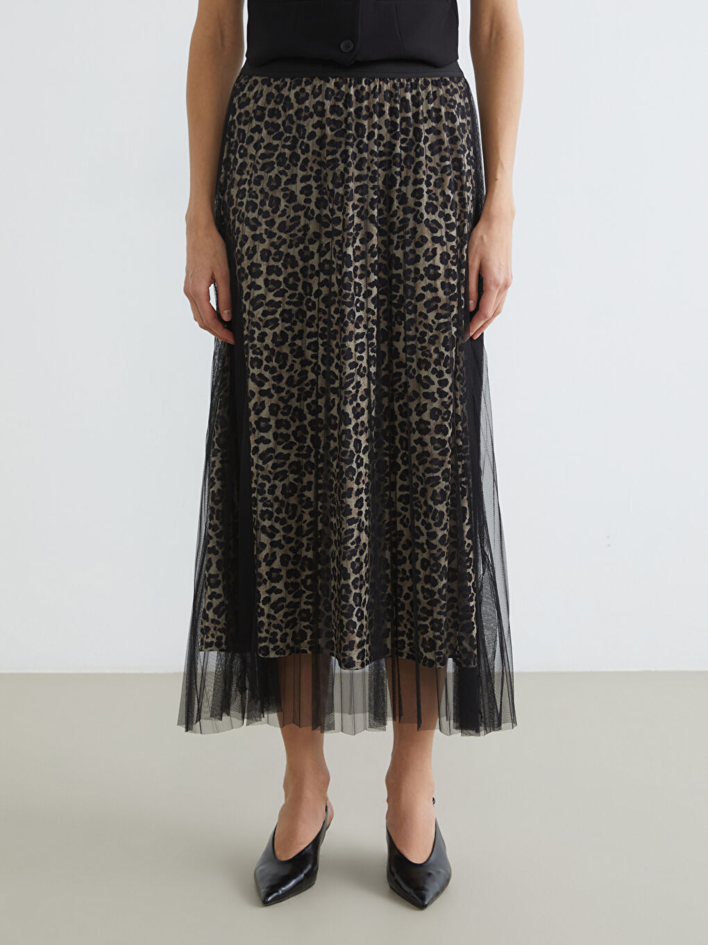 Elastic Waist Leopard Print A-Line Pleated Skirt-1