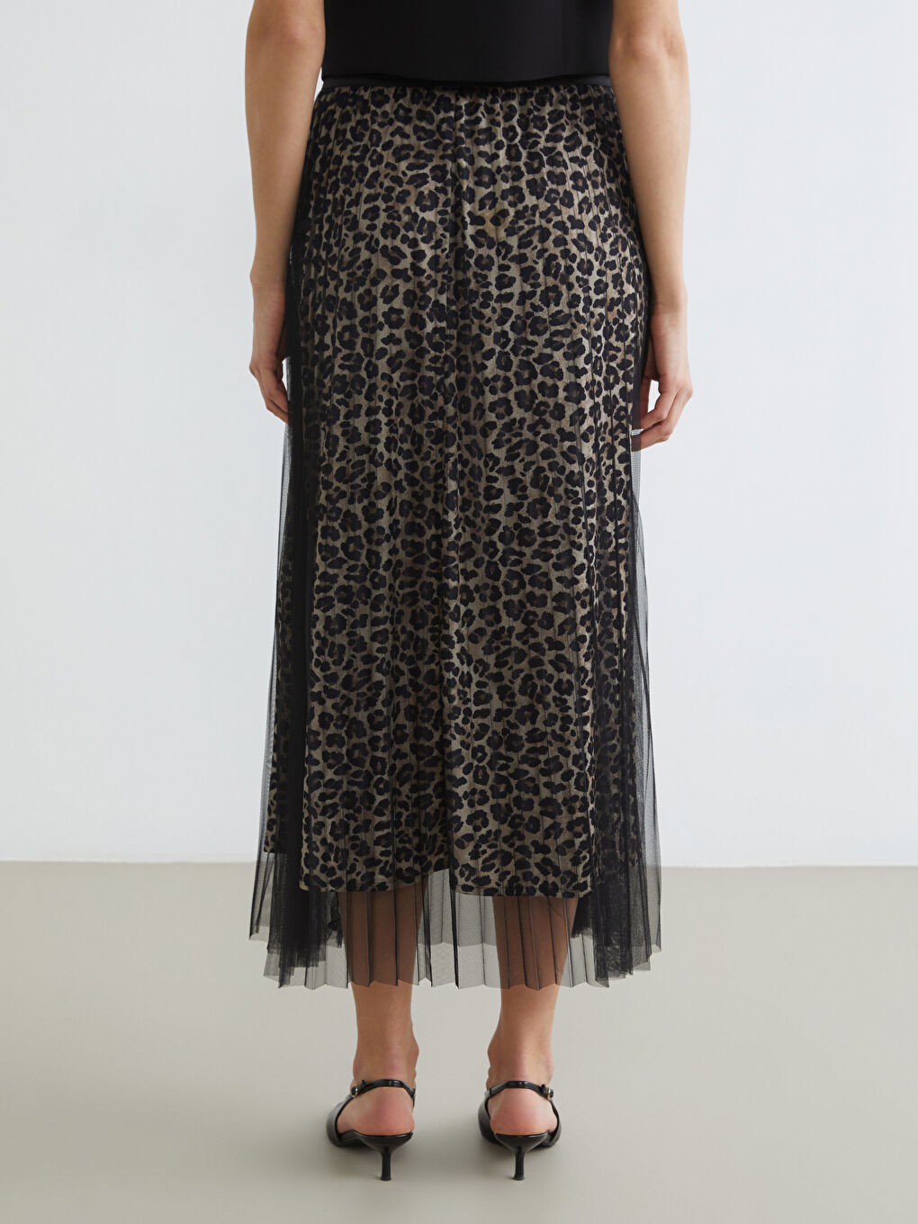 Elastic Waist Leopard Print A-Line Pleated Skirt-3