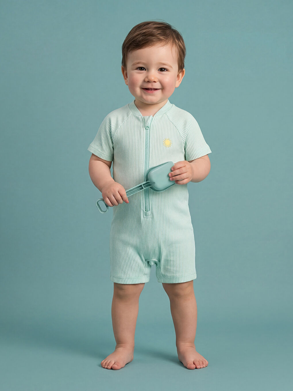 Yeşil Nakışlı Çizgili Erkek Bebek Tulum Mayo