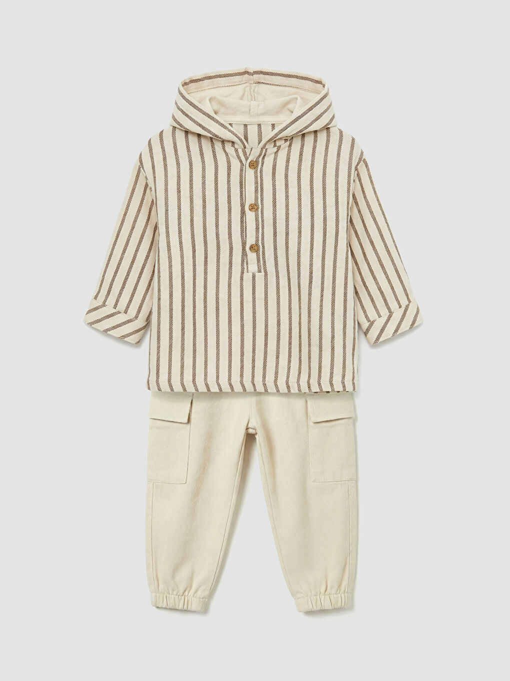 Ekru Çizgili Erkek Bebek Kapüşonlu Üst ve Pantolon Takım-1