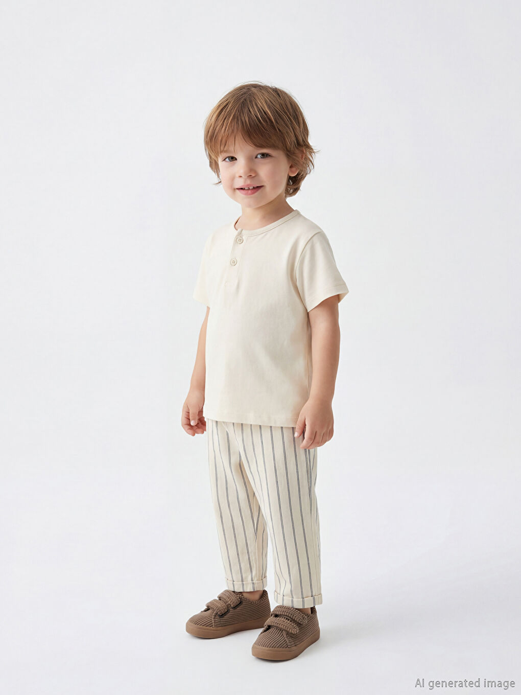 Ekru Erkek Bebek Keten Görünümlü Tişört ve Pantolon