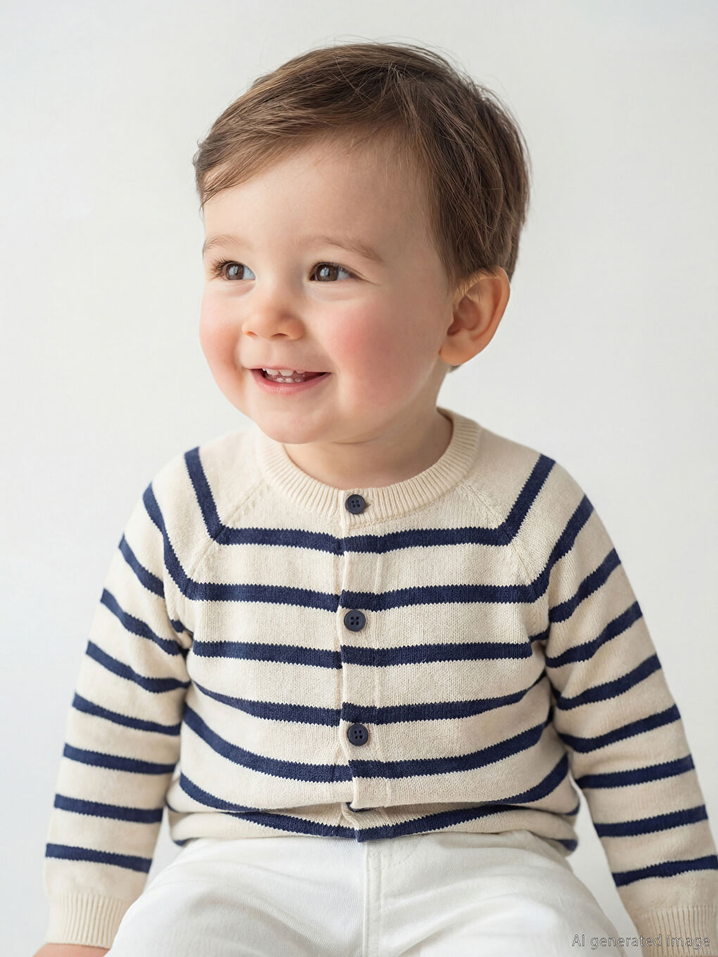 Ekru Bisiklet Yaka Çizgili Erkek Bebek Triko Hırka