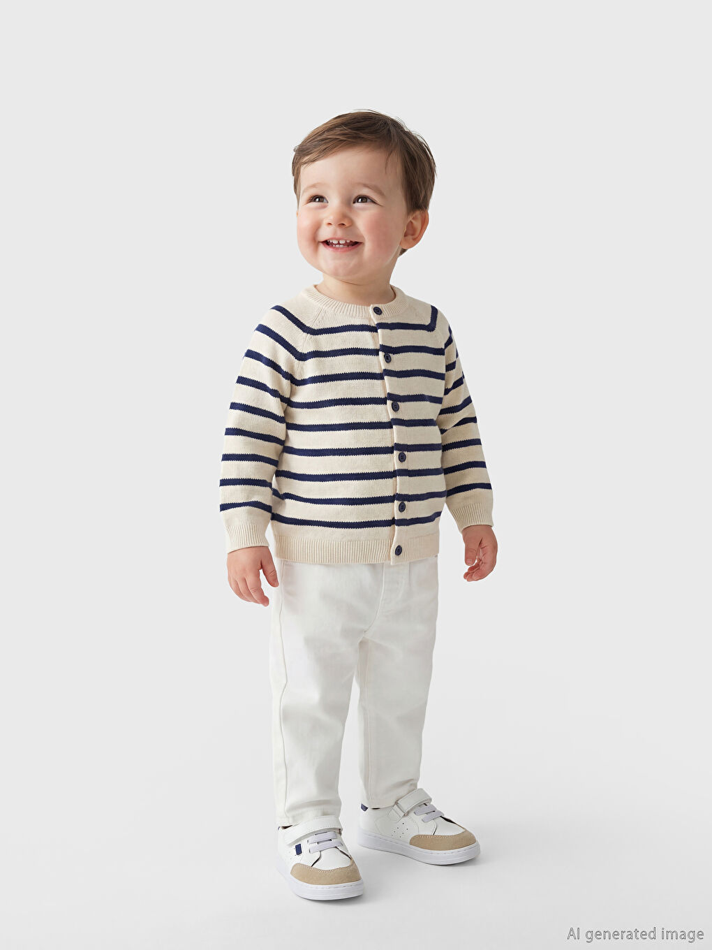 Ekru Bisiklet Yaka Çizgili Erkek Bebek Triko Hırka-1