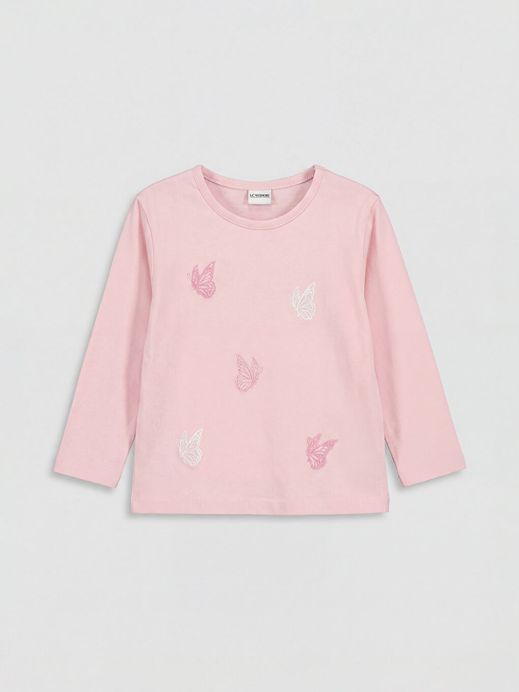 Girls' Long-Sleeve T-Shirt with Embroidered Crew Neck