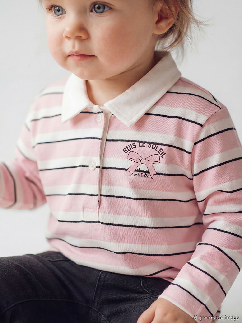 Ekru Polo Yaka Çizgili Kız Bebek Tişört