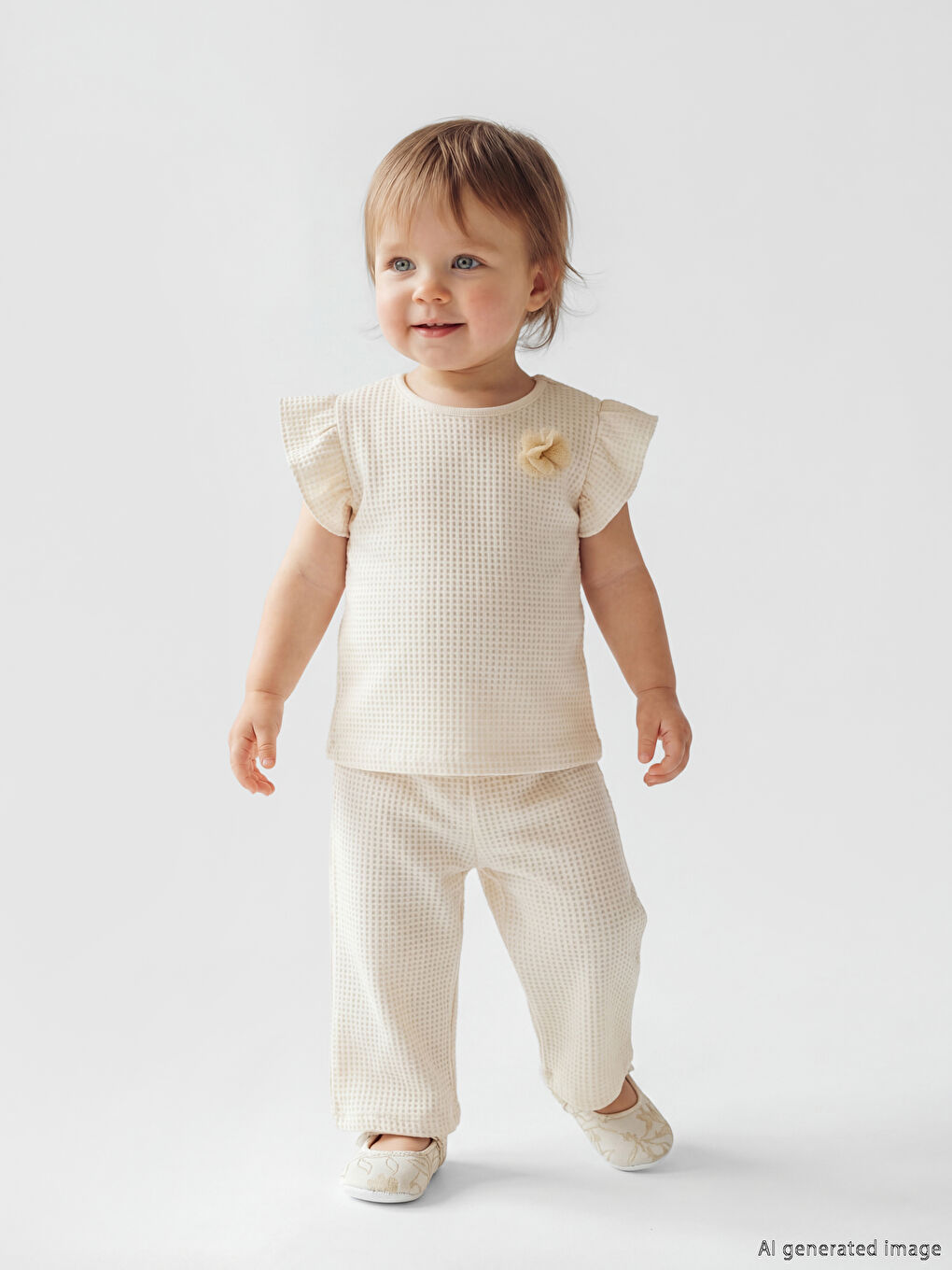 Bej Çiçek Aplikeli Fırfırlı Kız Bebek Bluz ve Tayt-1