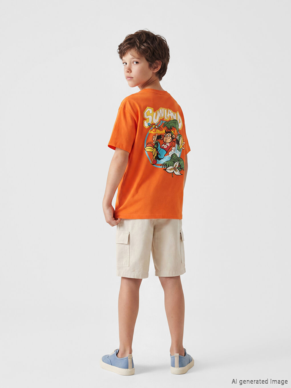 Turuncu Nostaljik Maymun Baskılı Unisex Çocuk Tişört-3