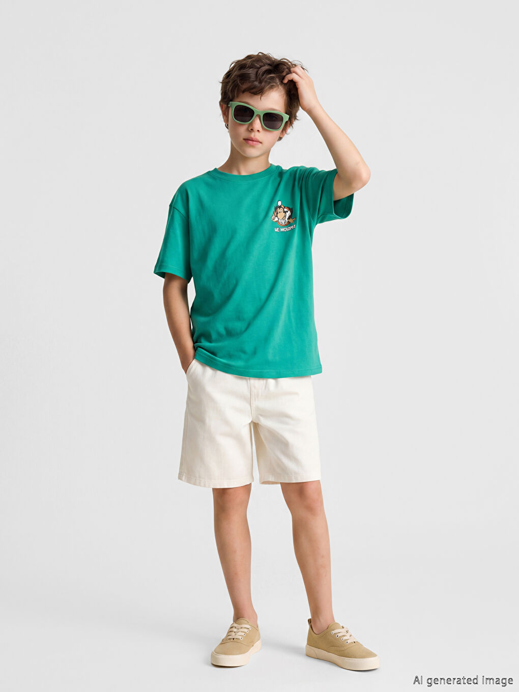 Yeşil Nostaljik Maymun Baskılı Unisex Çocuk Tişört