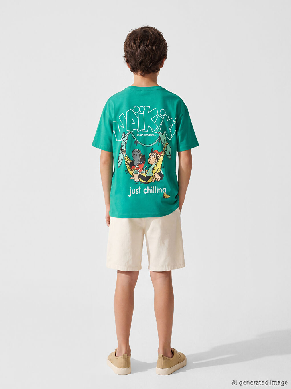 Yeşil Nostaljik Maymun Baskılı Unisex Çocuk Tişört-3