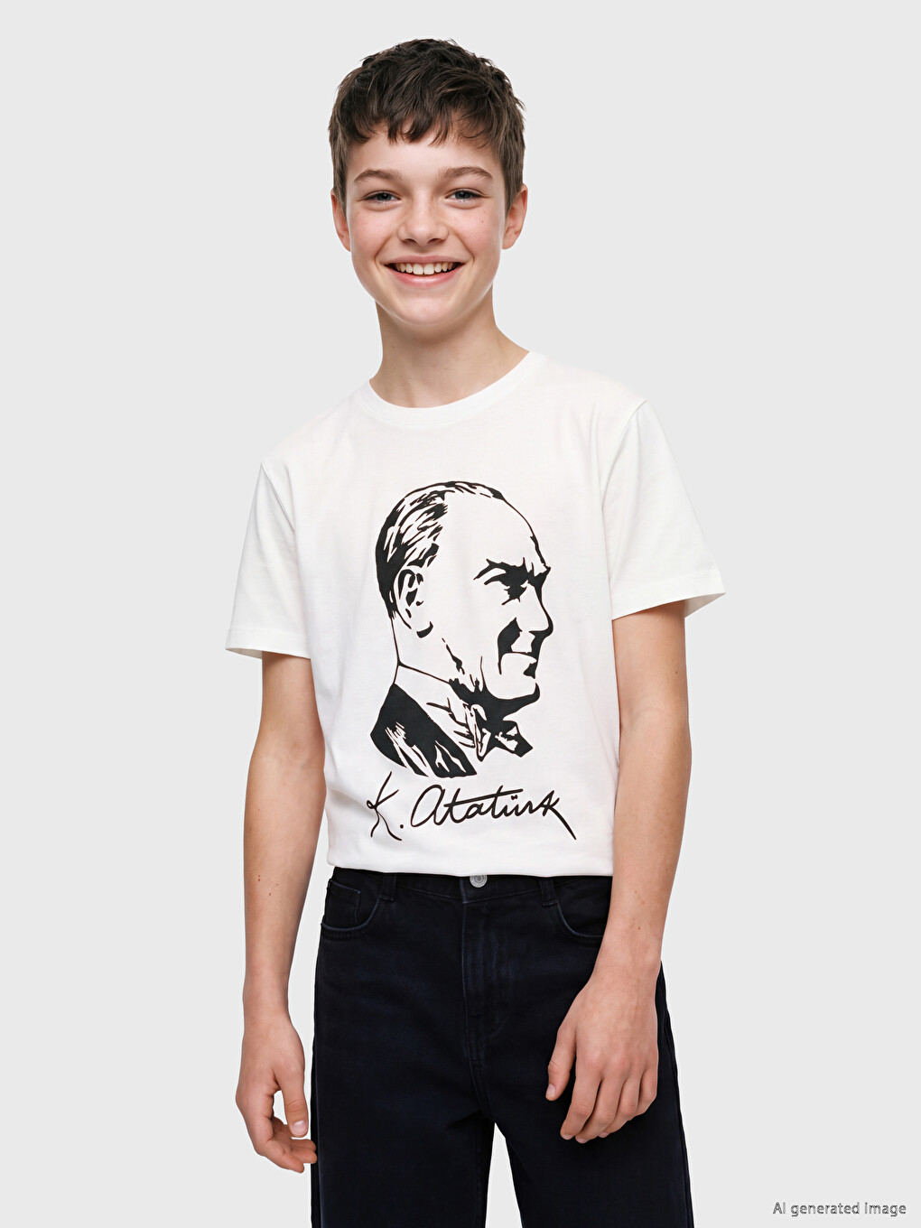 Beyaz Bisiklet Yaka Atatürk Baskılı Erkek Çocuk Tişört-1