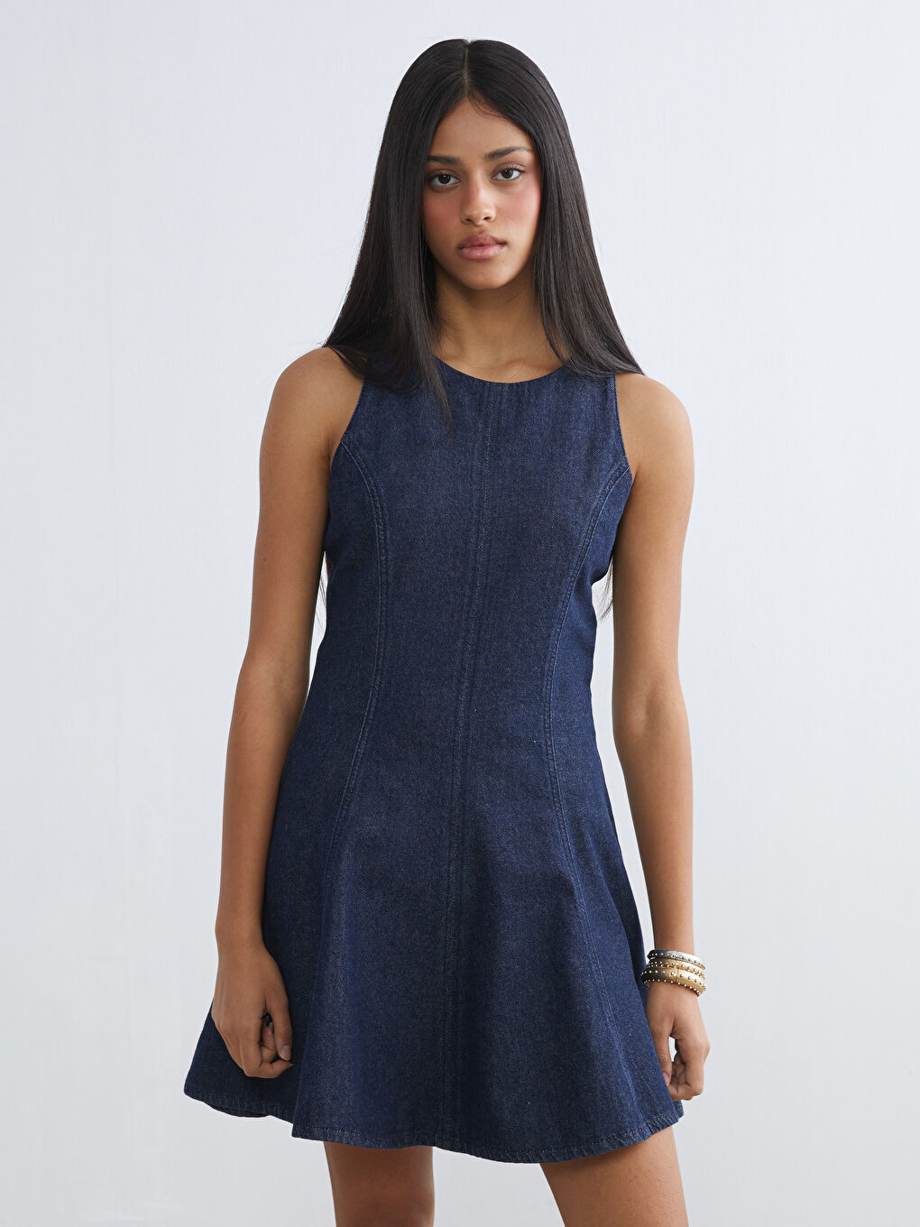 Rochie mini din denim cu decolteu pătrat-1