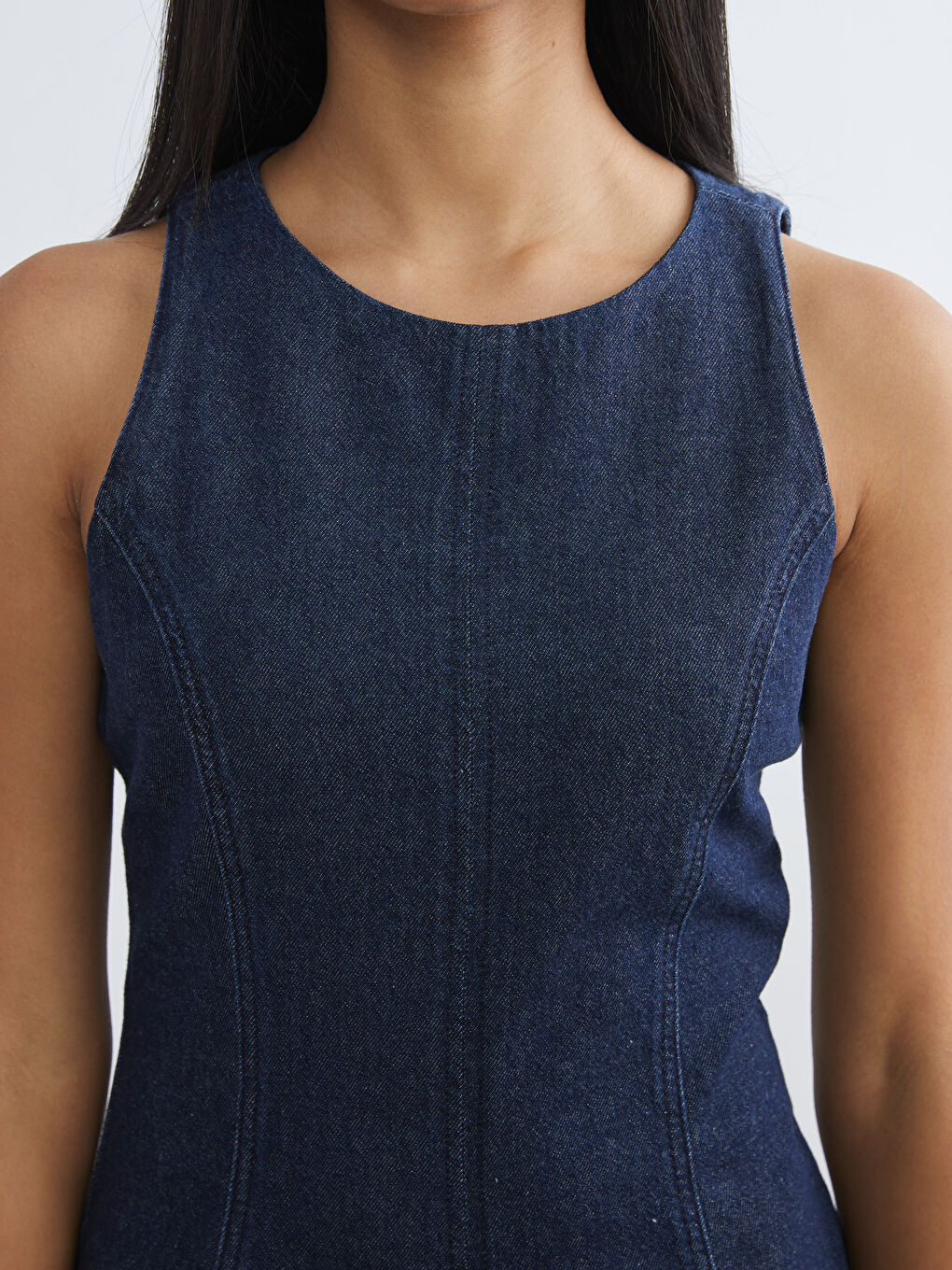 Rochie mini din denim cu decolteu pătrat-2