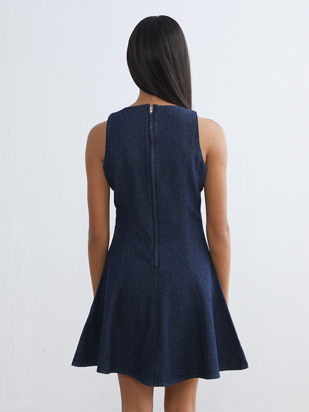 Rochie mini din denim cu decolteu pătrat-3