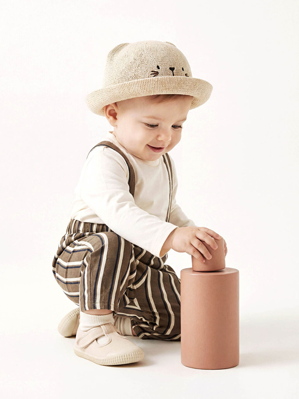 Ekru Çizgili Erkek Bebek Tişört ve Pantolon