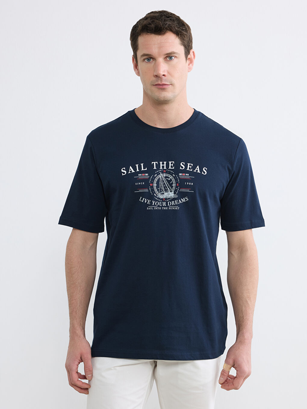 Lacivert Bisiklet Yaka Baskılı Penye Erkek Tişört-0