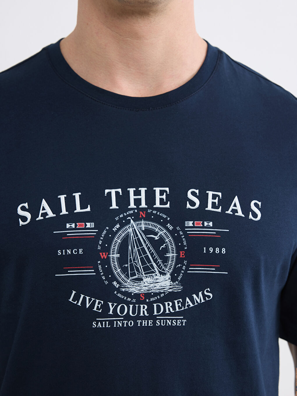 Lacivert Bisiklet Yaka Baskılı Penye Erkek Tişört-2