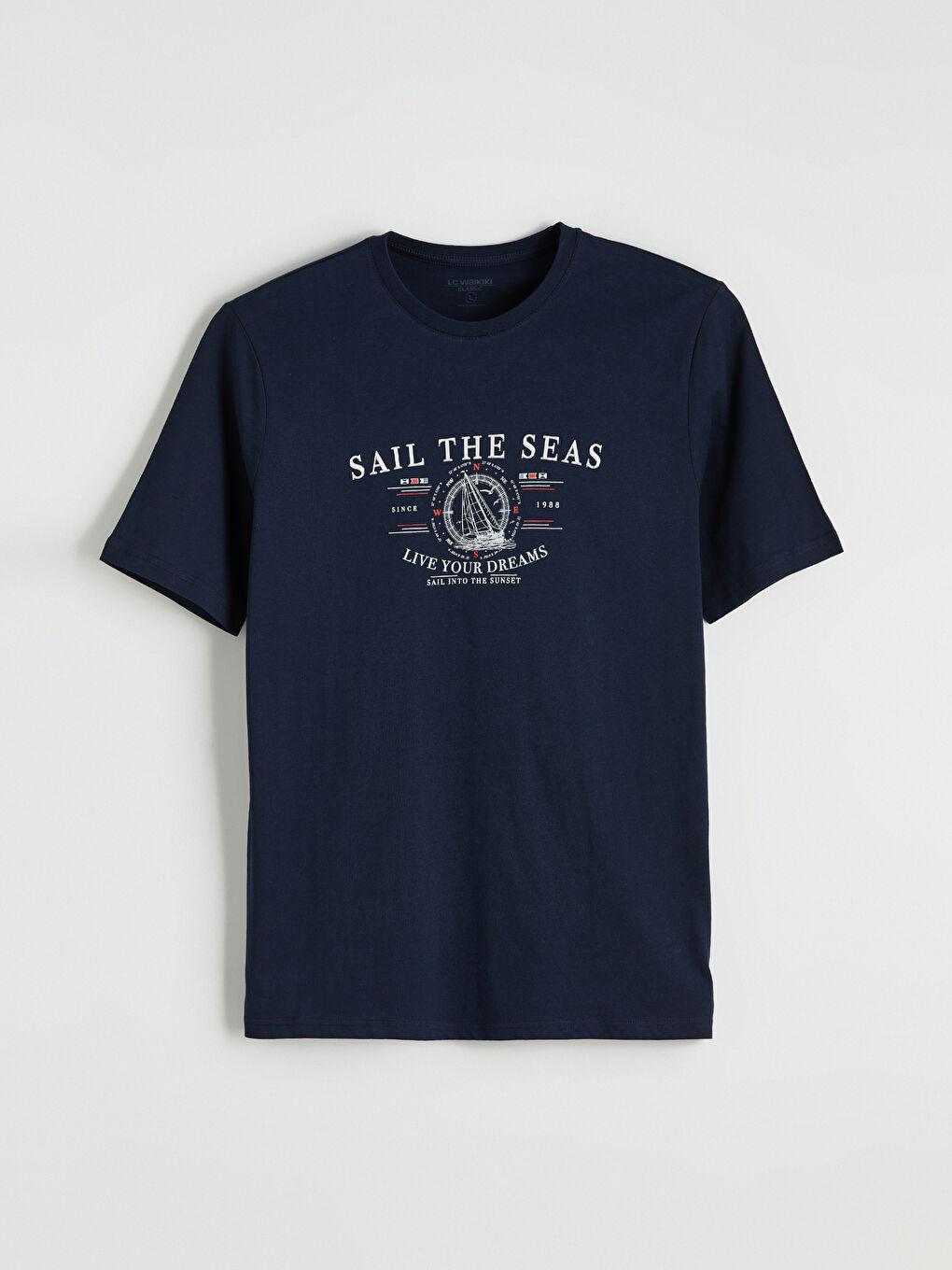 Lacivert Bisiklet Yaka Baskılı Penye Erkek Tişört-4