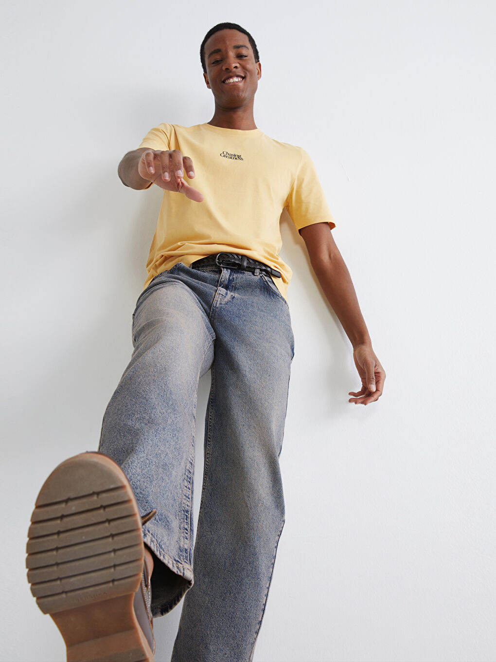 Sarı Bisiklet Yaka Baskılı Penye Erkek Tişört