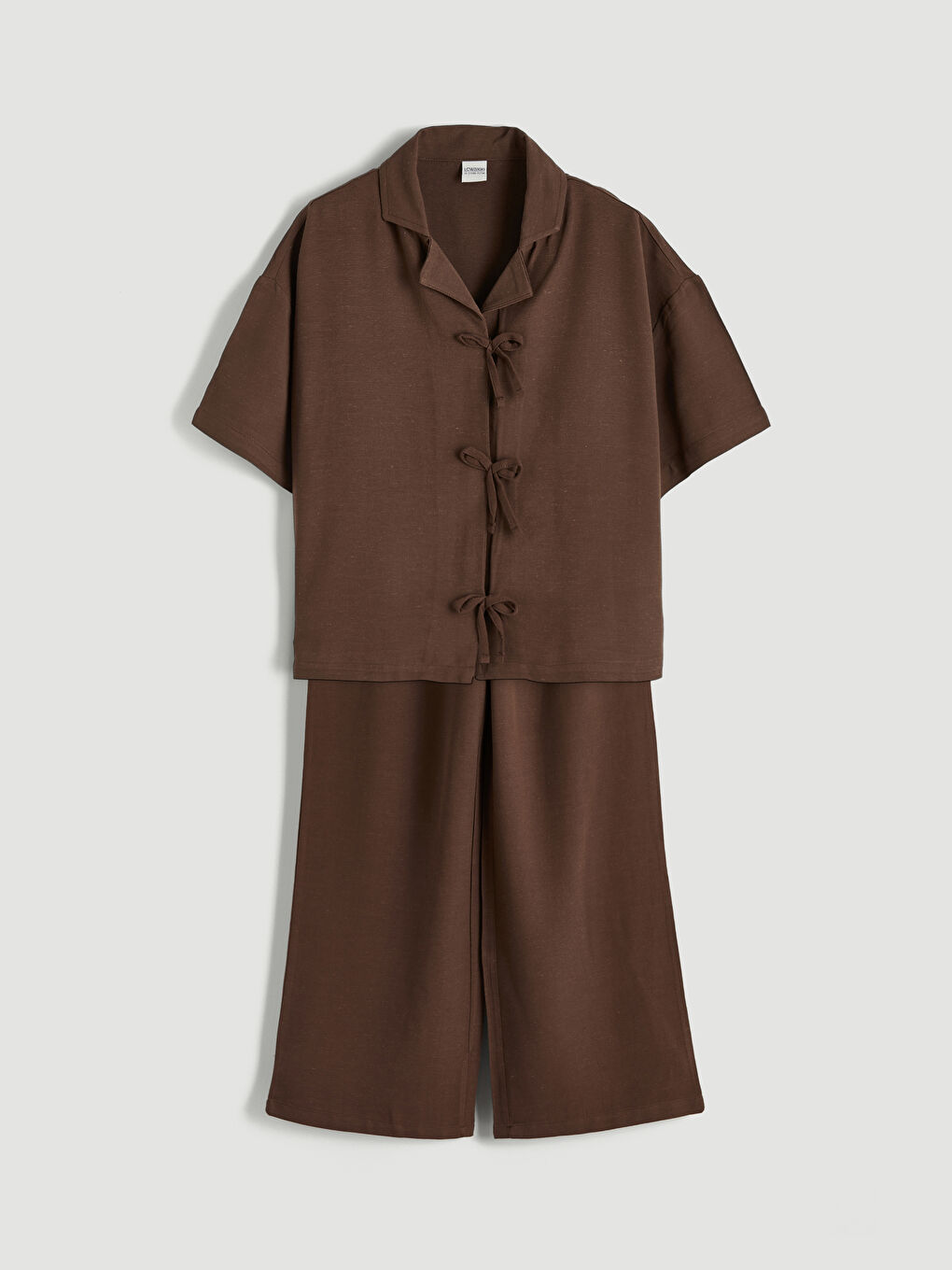 Kahverengi Keten Karışımlı Kız Çocuk Bluz ve Pantolon