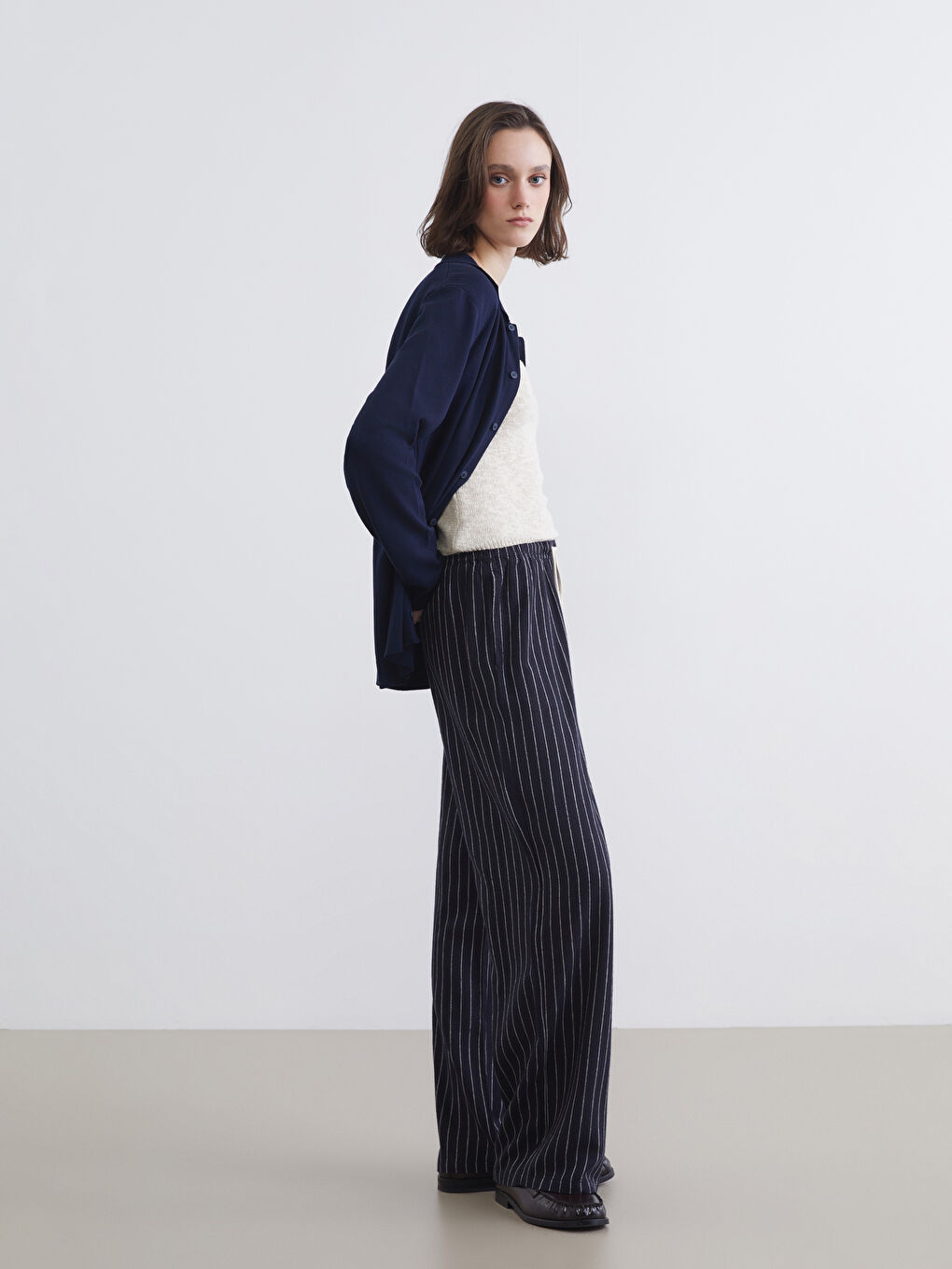 Elasticated Waist Striped Linen Blend Trousers