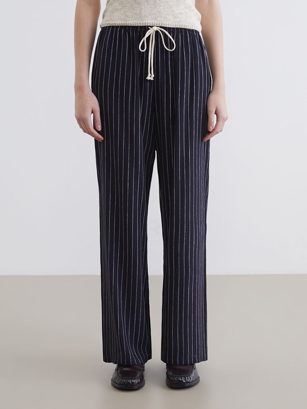 Elasticated Waist Striped Linen Blend Trousers-1