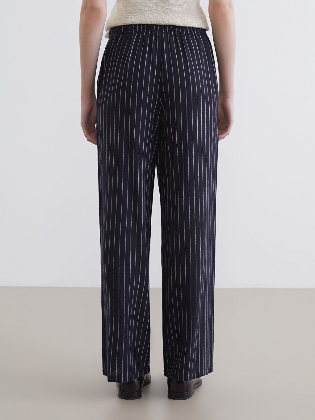 Elasticated Waist Striped Linen Blend Trousers-3