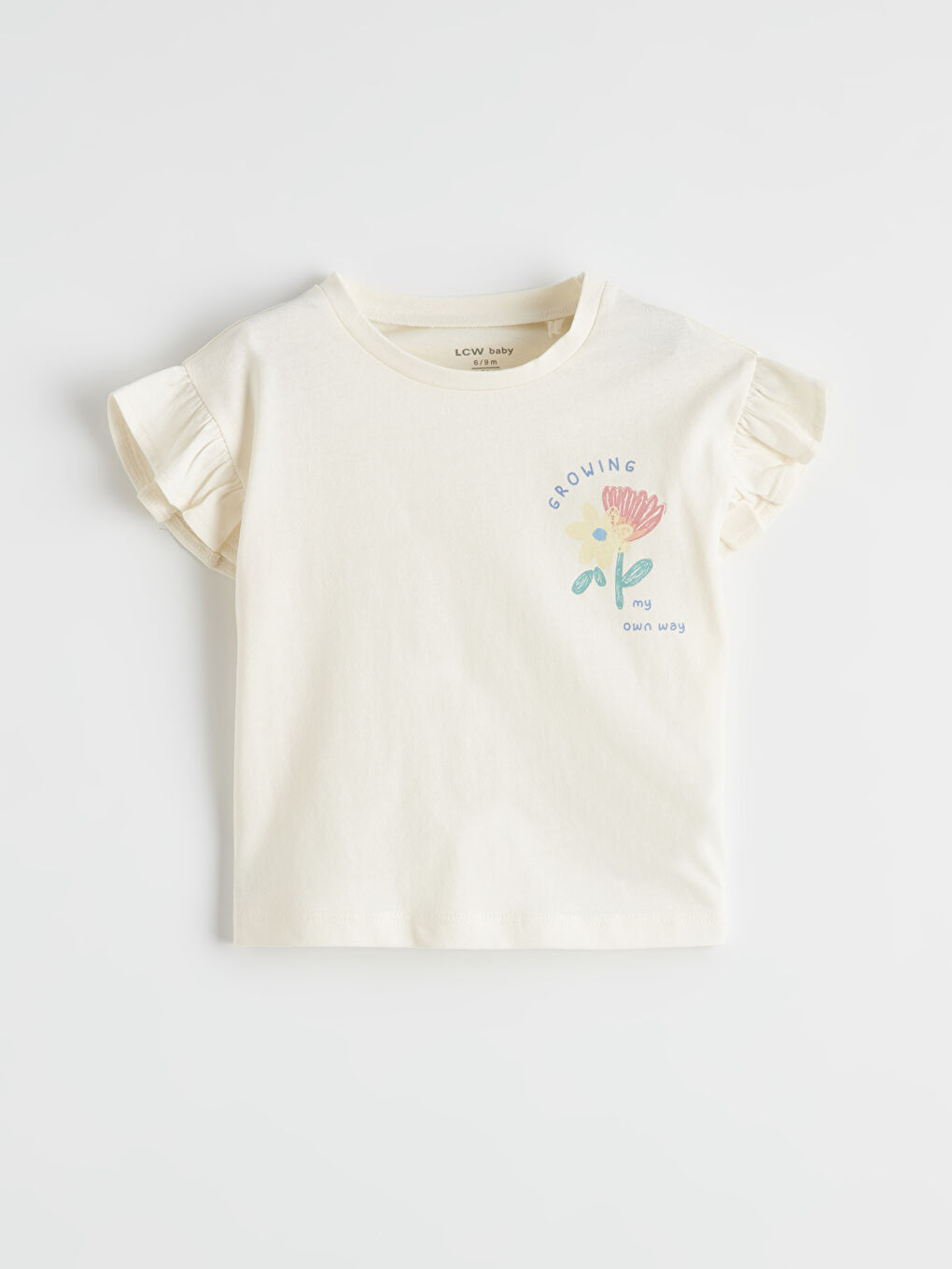 Ekru Bisiklet Yaka Fırfırlı Baskılı Kız Bebek Tişört