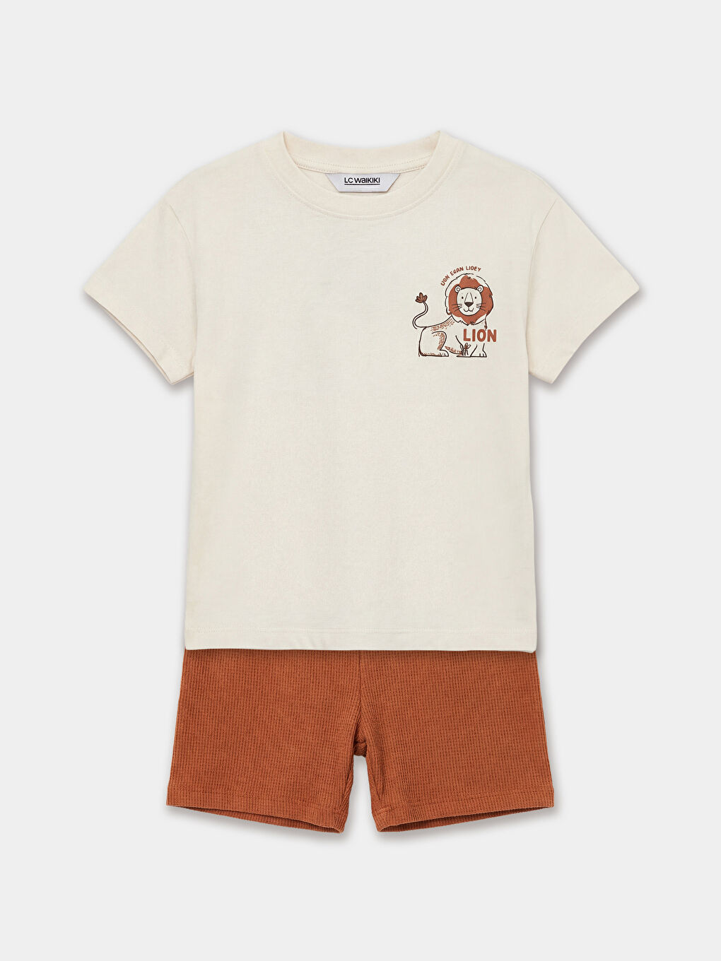 Ekru Bisiklet Yaka Baskılı Erkek Bebek Tişört ve Şort