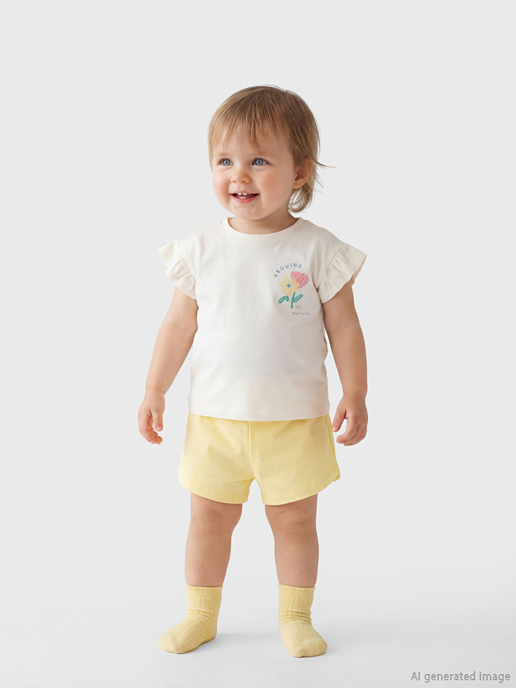 Ekru Çiçek Baskılı Fırfırlı Kız Bebek Tişört ve Şort