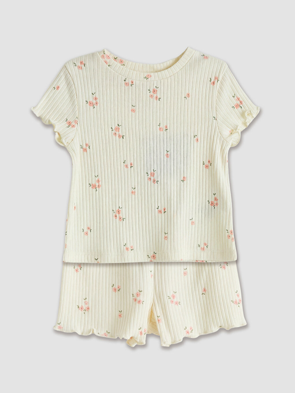 Ekru Regular Fit Çiçek Desenli Kız Bebek Şort Ve Tişört