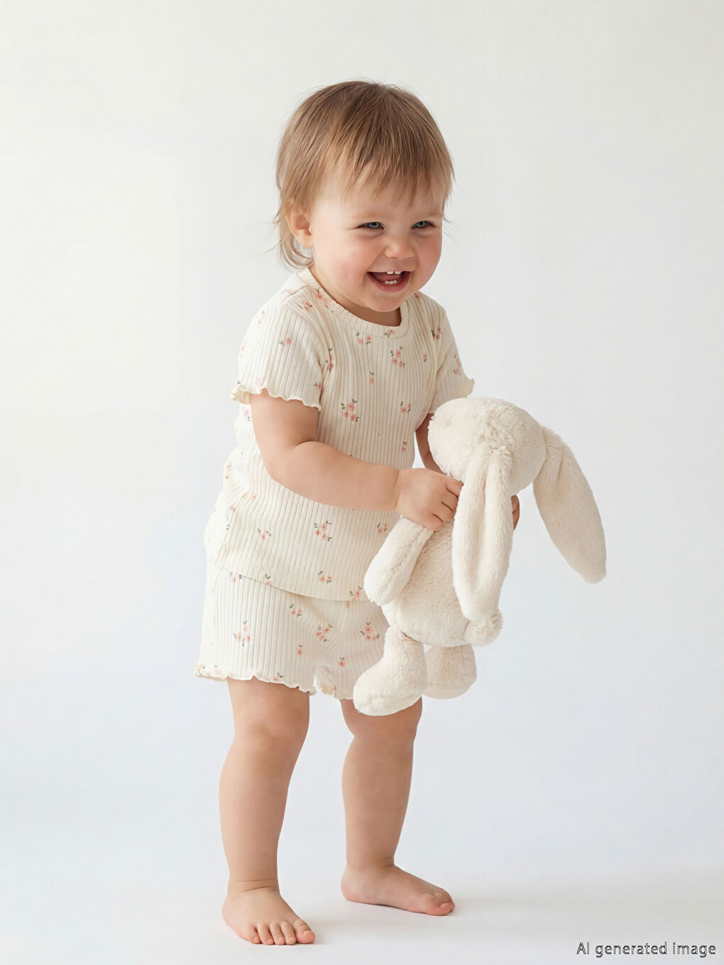 Ekru Çiçek Desenli Kız Bebek Şort ve Tişört-1