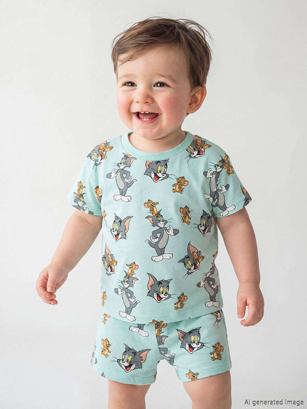 Turkuaz Tom ve Jerry Baskılı Erkek Bebek Tişört ve Şort-1