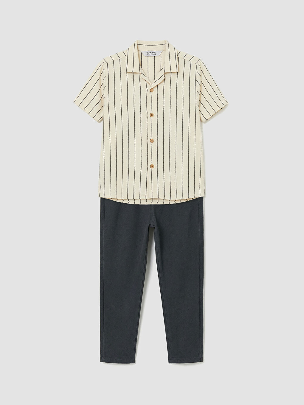 Bej Kısa Kollu Çizgili Erkek Çocuk Gömlek ve Pantolon