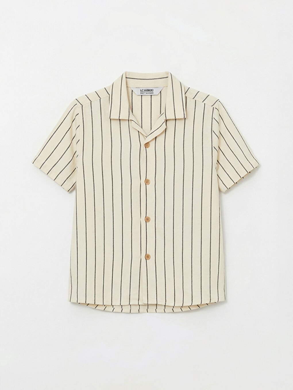 Bej Kısa Kollu Çizgili Erkek Çocuk Gömlek ve Pantolon-1