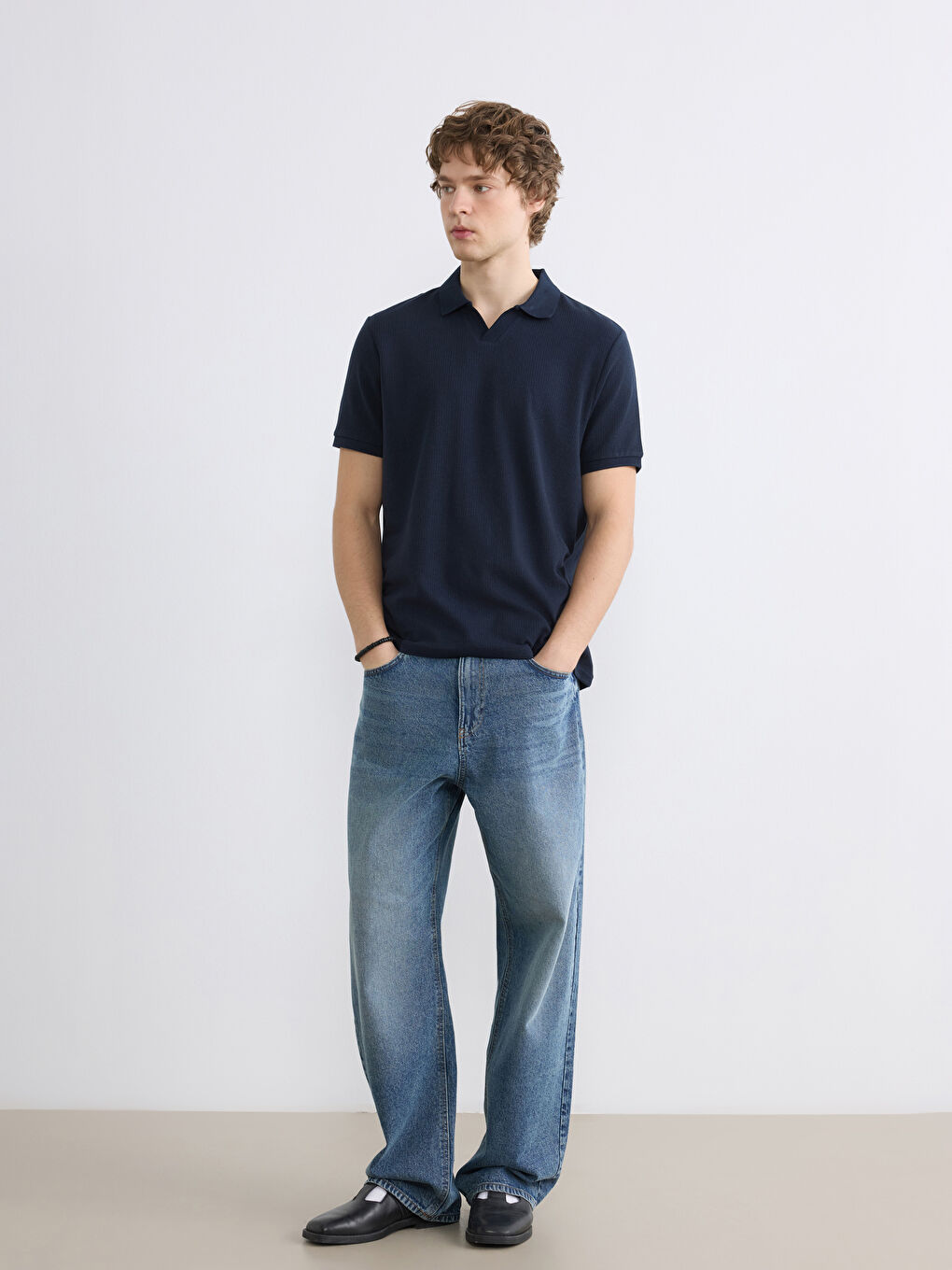 Lacivert Polo Yaka Penye Erkek Tişört-1