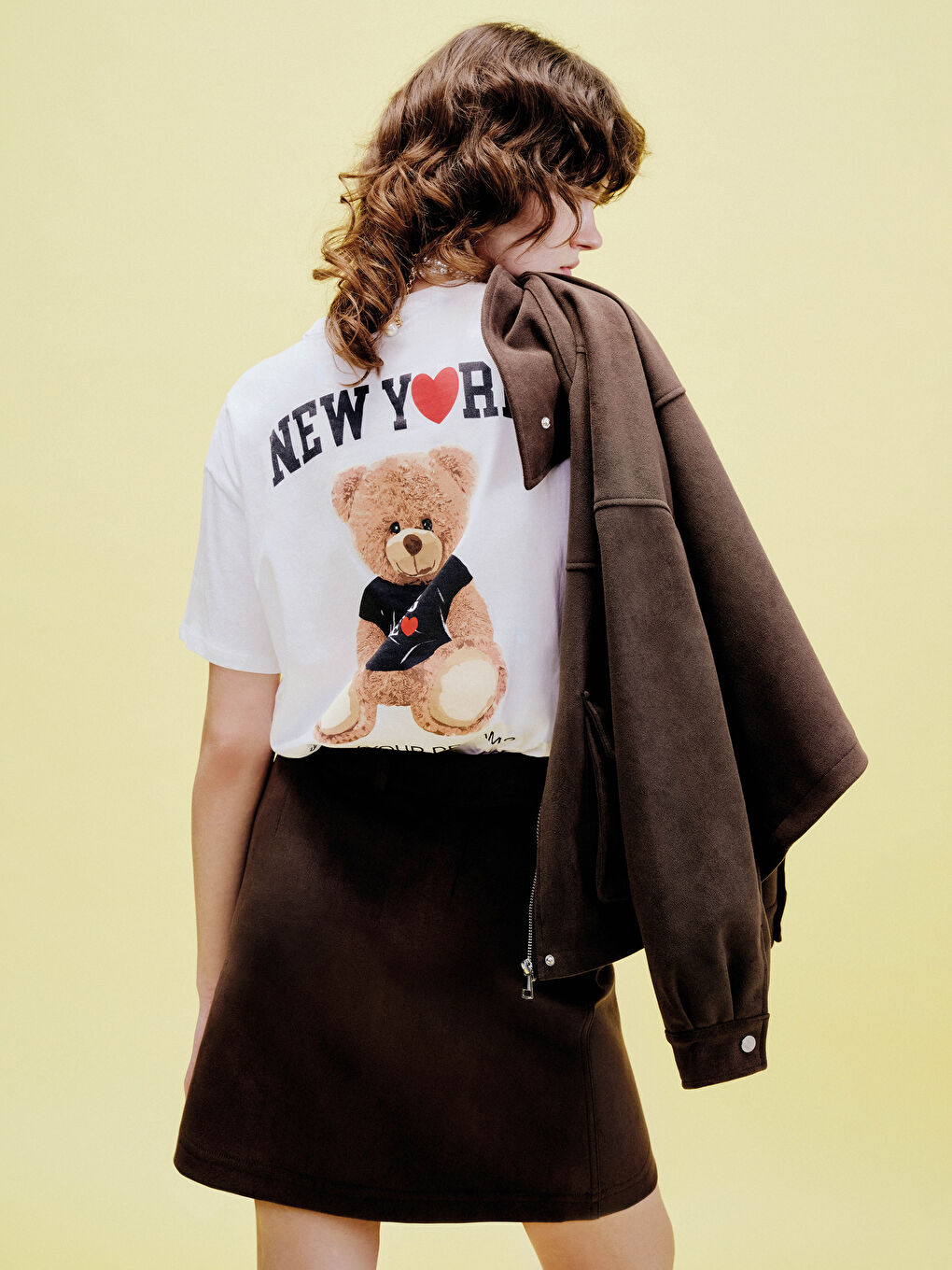 T-shirt Femme à Col Rond avec Imprimé Ours en Peluche