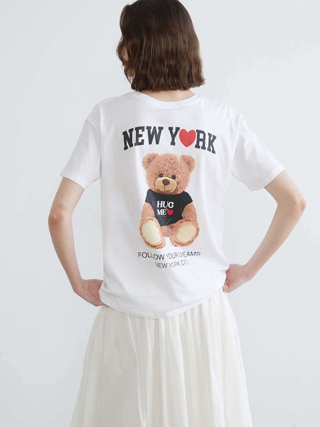T-shirt Femme à Col Rond avec Imprimé Ours en Peluche-1