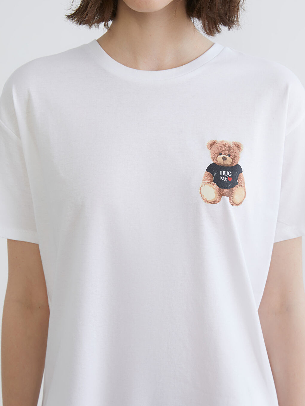 T-shirt Femme à Col Rond avec Imprimé Ours en Peluche-3