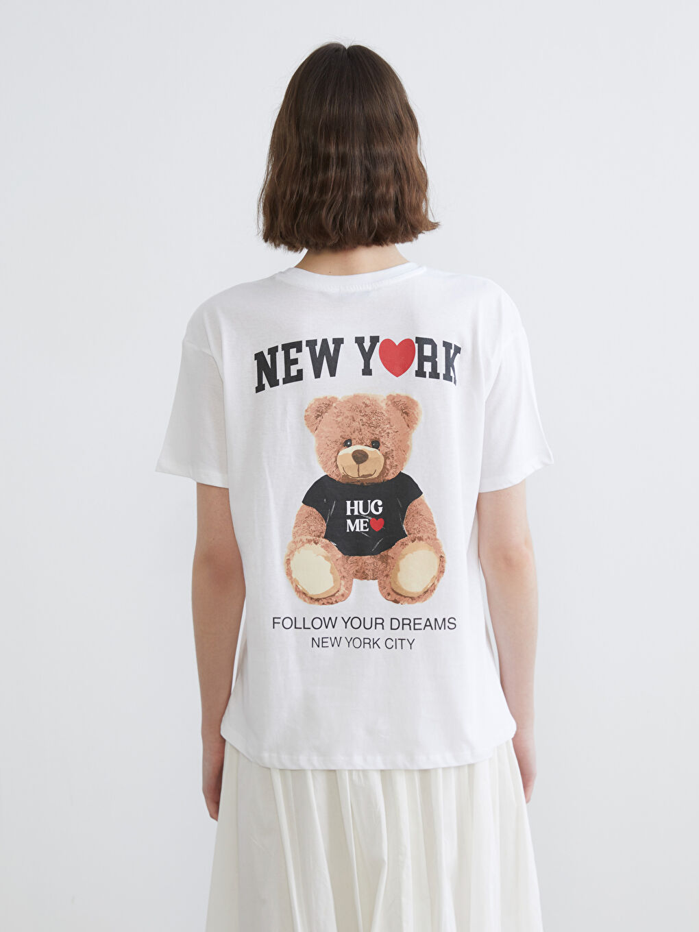 T-shirt Femme à Col Rond avec Imprimé Ours en Peluche-4