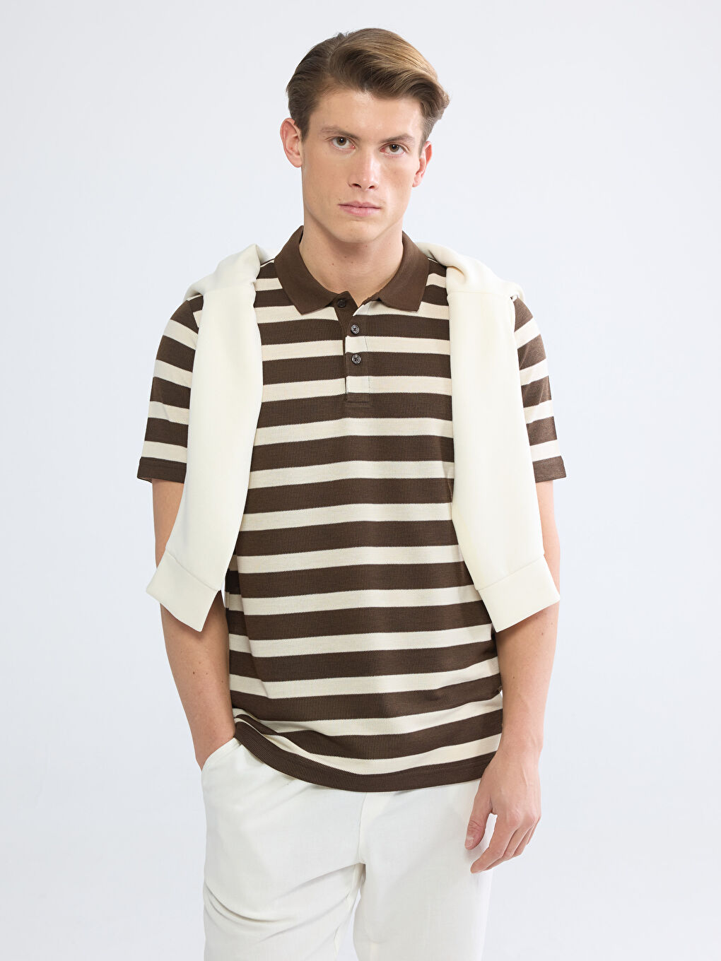 Kahverengi Polo Yaka Çizgili Erkek Tişört