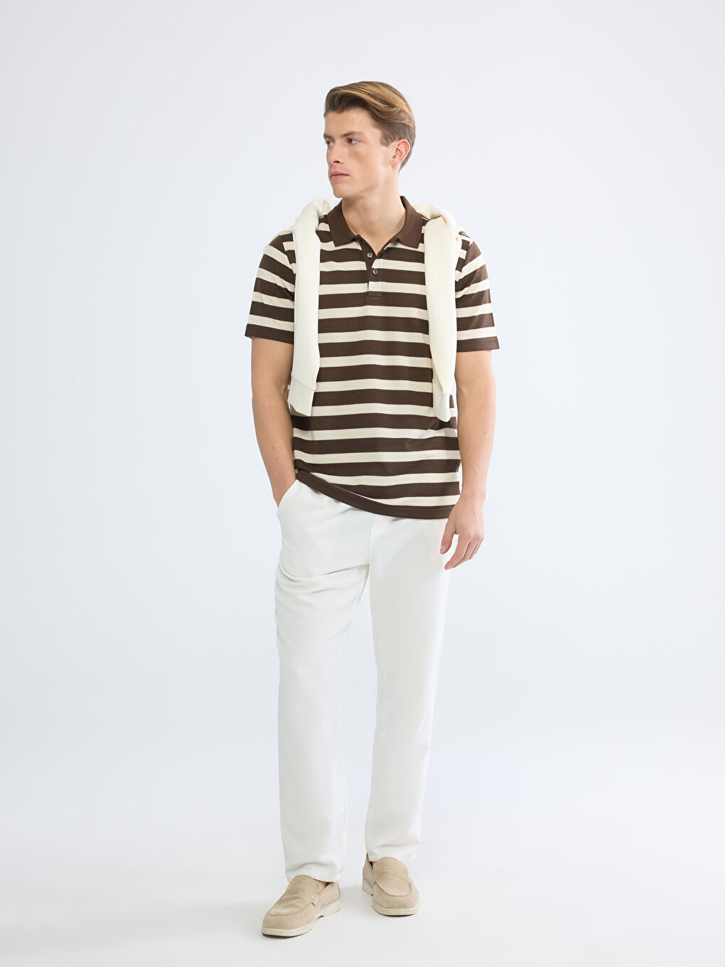Kahverengi Polo Yaka Çizgili Erkek Tişört-1