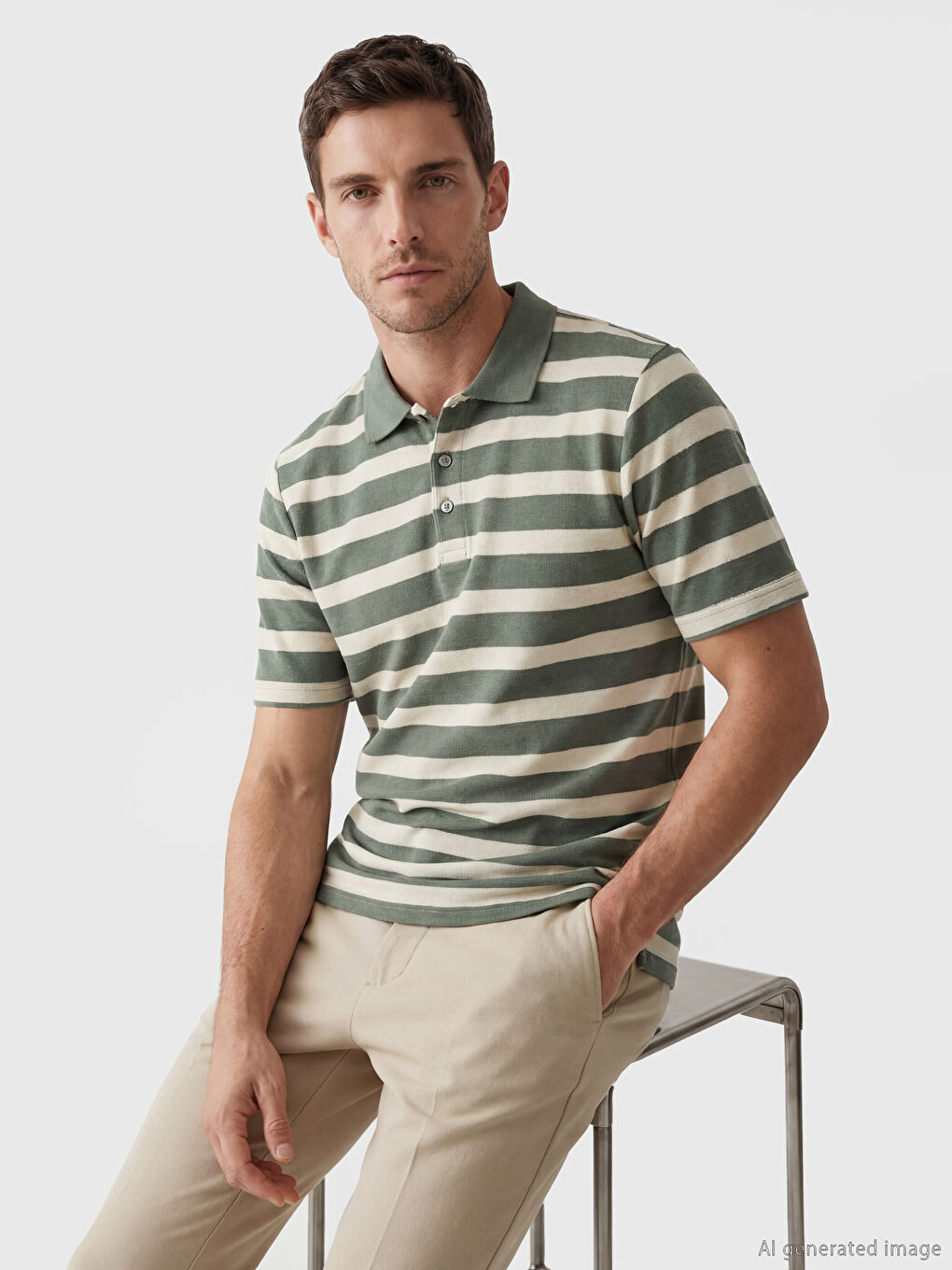 Yeşil Polo Yaka Çizgili Erkek Tişört