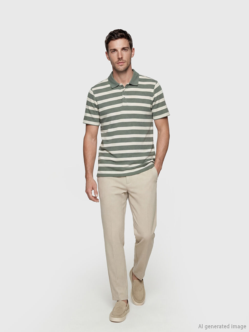 Yeşil Polo Yaka Çizgili Erkek Tişört-1