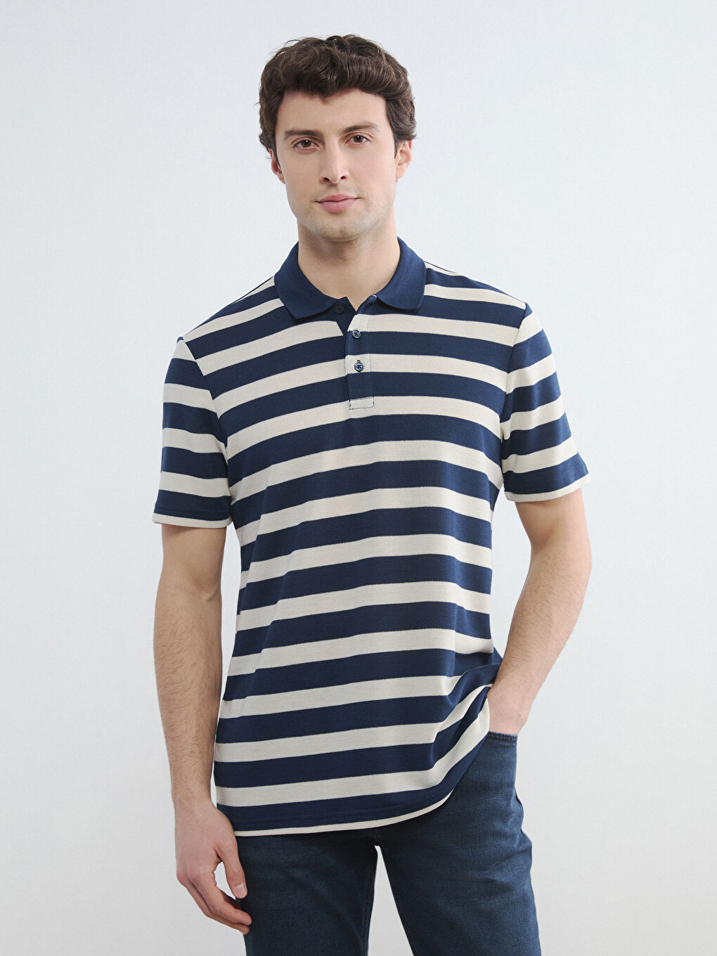 Lacivert Polo Yaka Çizgili Erkek Tişört