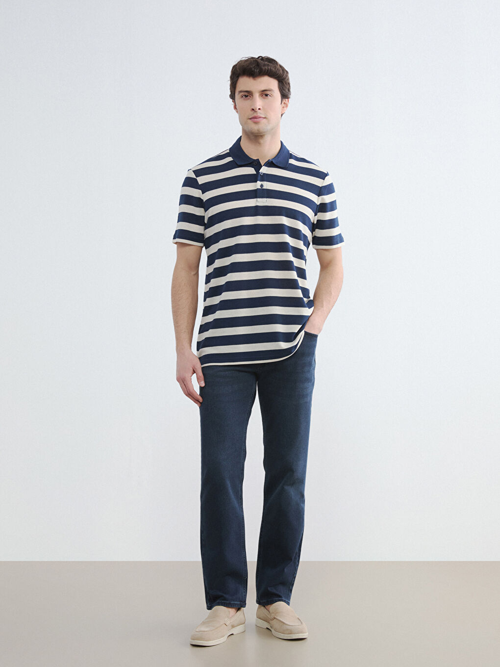 Lacivert Polo Yaka Çizgili Erkek Tişört-2