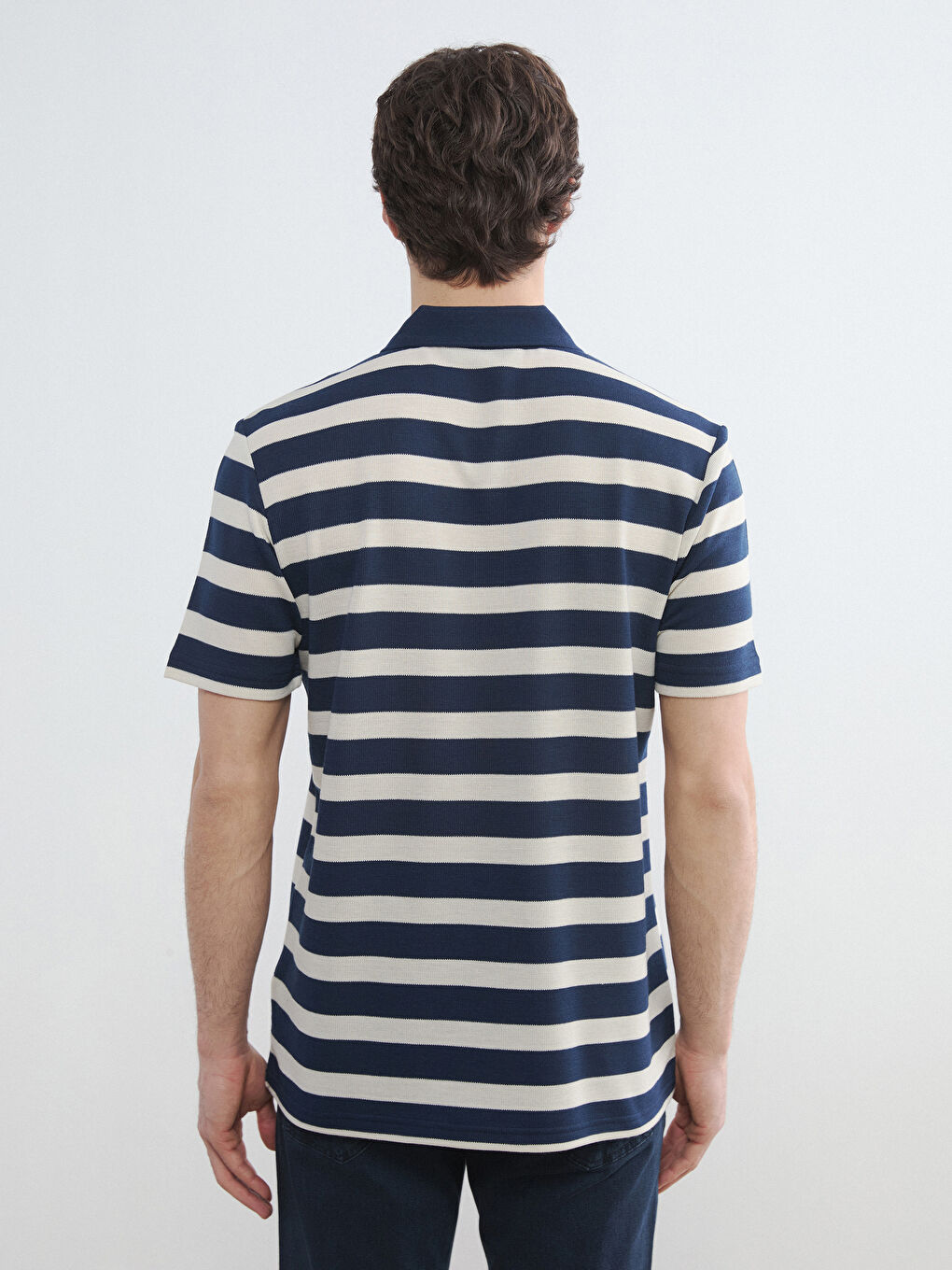 Lacivert Polo Yaka Çizgili Erkek Tişört-4