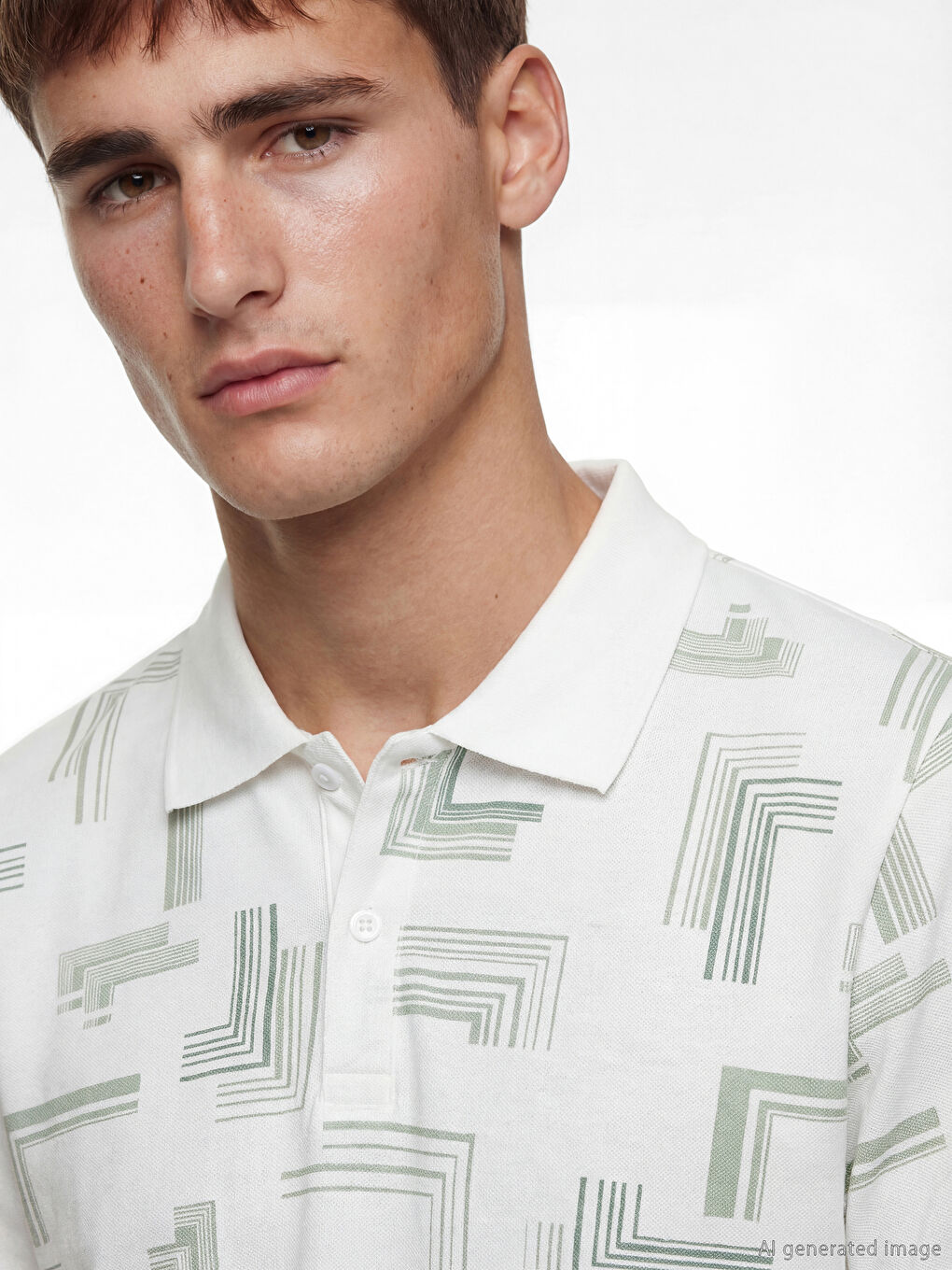 Beyaz Polo Yaka Desenli Erkek Tişört-2